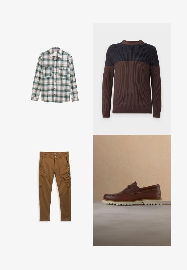 Ribbet strikket langærmet sweater med en brun underkrop og ærmer samt mørkeblå overkrop og skuldre.; Langærmet skjorte med knapper i grøn, hvid og rød plaidmønster, to knaplukket brystlommer foran og klassisk krave.; Brune lige cargo bukser med frontknap, bælte-loops, sidelommer og baglommer samt klaplukninger på lommen på låret.; Brun læder casual snørestøvle med cremefarvet gummisål, der hænger over beige tæppe nær et træ-sofabord med bøger.