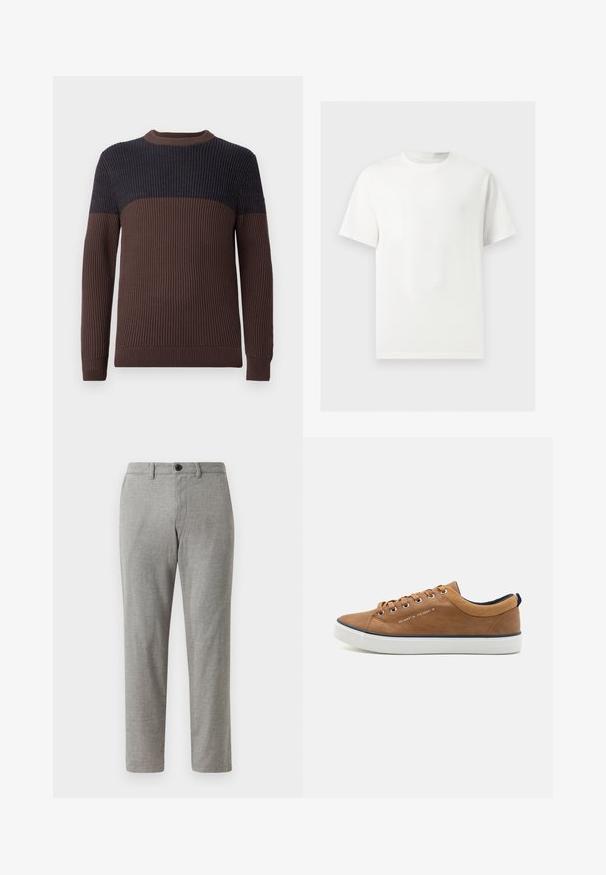 Suéter de punto acanalado de manga larga con un cuerpo inferior y mangas marrones y una parte superior del pecho y hombros en azul marino oscuro.; Camiseta blanca lisa de manga corta y cuello redondo mostrada sobre un fondo gris claro.; Pantalones grises de tejido entrelazado con corte recto, con cierre de botón y cinturillas; textura suave y tela ligera para uso casual.; Zapatillas de cuero marrón con puntera redonda, suela blanca y detalles en azul marino. Presentan ojales de metal y un cuello texturizado.