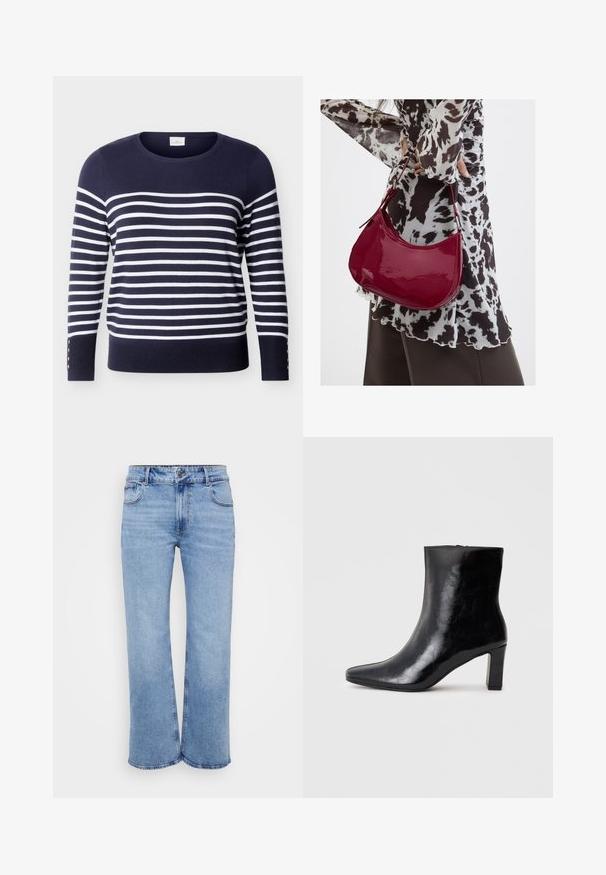 Marineblauer Pullover mit langen Ärmeln, weißen horizontalen Streifen und Knopfdetails an den unteren Ärmeln, Rundhalsausschnitt.; Hellblaue weit geschnittene Jeans aus Denim, ausgestattet mit fünf Taschen, einem Reißverschluss vorne und einem Knopfverschluss. Dezente Nähtdetails entlang der Nähte.; Schwarze Knöchelstiefel aus glänzendem Leder mit spitzem Zustand und mittelhohem Blockabsatz, mit glatter Textur und einfachem Design.; Frau trägt eine schwarz-weiß gemusterte Bluse und hält eine glänzende rote Schultertasche vor einem einfarbigen Hintergrund.