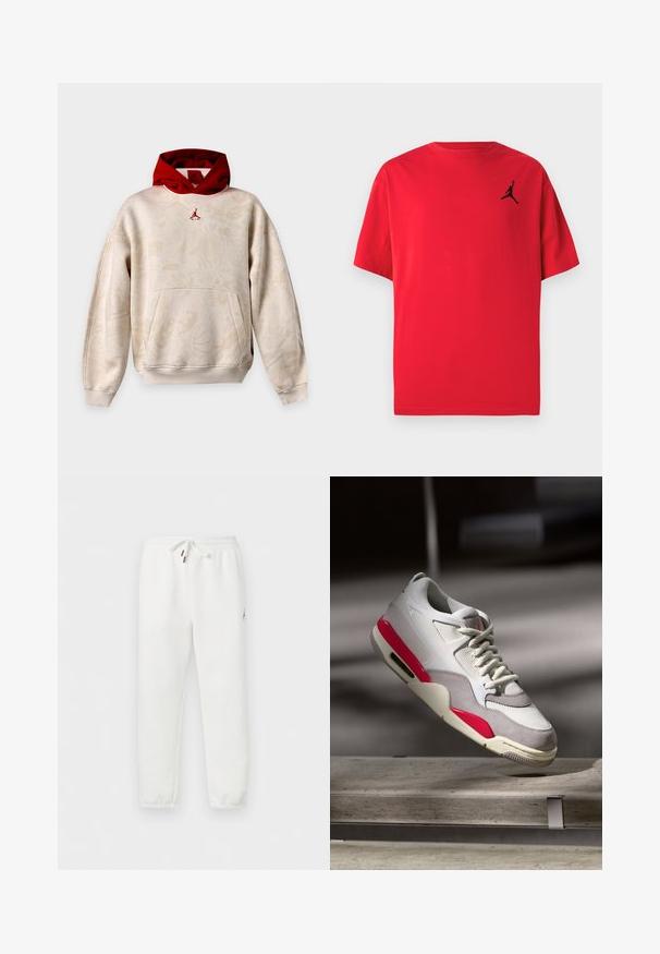Béžová mikina s kapucňou s jemnými grafickými vzormi, červenou vnútornou kapucňou, klokankovým vreckom a malým červeným logom Jumpman na hrudi.; Červené bavlnené tričko s krátkymi rukávmi a čiernym siluetovým logom na ľavej strane hrudníka. Dizajn s okrúhlym výstrihom a voľným strihom.; Biele elastické nohavice jogger s šnúrkou v páse, manžetami na členkoch a malým logom Jordan na ľavom stehne.; Svetlo šedé a biele tenisky s ružovými akcentmi a textúrovanou sieťovinou. Obsahujú aerodynamický dizajn a gumovú podrážku s vzduchovým odpružením.