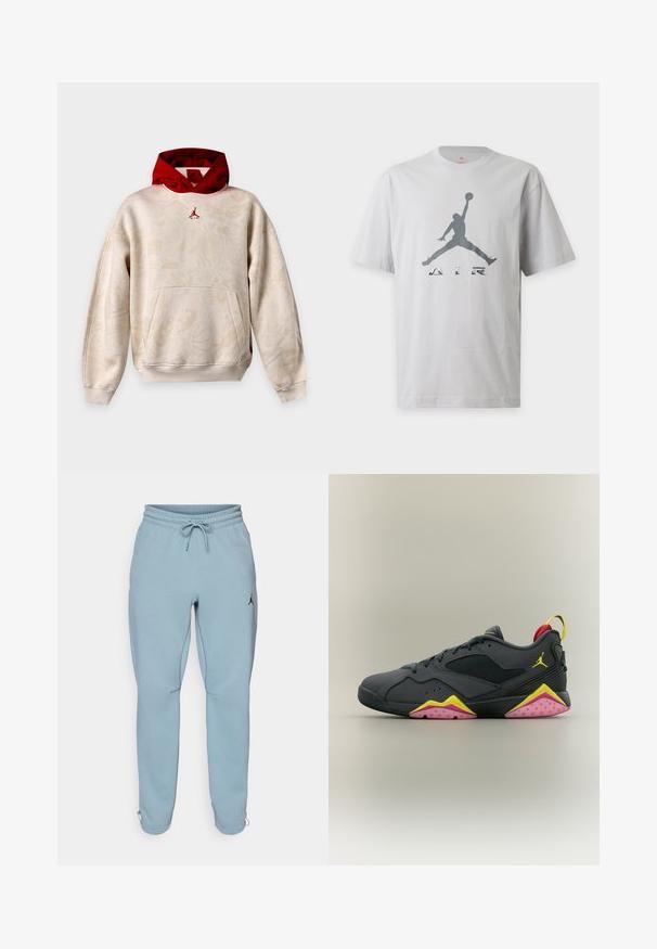 Sudadera con capucha beige con patrones gráficos sutiles, capucha interior roja, bolsillo tipo canguro y pequeño logo rojo Jumpman en el pecho.; Camiseta blanca de manga corta con silueta gris de un jugador de baloncesto saltando y la palabra "AIR" impresa debajo de la figura.; Pantalones deportivos de un azul claro, confeccionados en una tela suave, con una waistband elástica y cordón, bolsillos laterales y un pequeño logo negro en el muslo.; Zapatilla negra de perfil bajo con detalles en la suela en amarillo y rosa, panel lateral de malla, logo Jumpman amarillo y forro rojo en el talón.