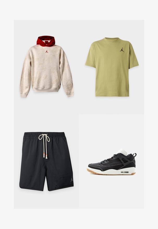 Beige hættetrøje med subtile grafiske mønstre, rød indvendig hætte, kængurulomme og lille rød Jumpman-logo på brystet.; Enkelt olivengrønt T-shirt med korte ærmer og et lille sort Jumpman-logo på øverste venstre bryst.; Sorte badeshorts med elastisk taljebånd og hvid snor med orange og pink perler, Jordan-logo på venstre ben.; Sort og hvid højtop-sneaker med hvide sømme, ventilationsnet, gummisål og synlig luftpolstring på hælsiden.
