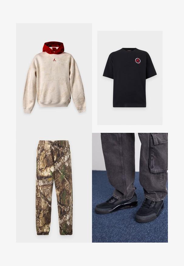 Sudadera con capucha beige con patrones gráficos sutiles, capucha interior roja, bolsillo tipo canguro y pequeño logo rojo Jumpman en el pecho.; Camiseta negra de manga corta con un pequeño logotipo rojo de Jumpman y un diseño circular en el pecho izquierdo.; Pantalones de chándal de camuflaje con un patrón natural en tonos marrón y verde, que cuentan con una cintura elástica con cordón y puños elásticos en los tobillos.; Zapatillas deportivas negras con una superficie texturizada, acentos suaves y una suela gruesa, combinadas con pantalones cargo oscuros y holgados.