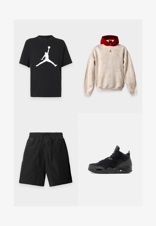 Beige hættetrøje med subtile grafiske mønstre, rød indvendig hætte, kængurulomme og lille rød Jumpman-logo på brystet.; Sort T-shirt med korte ærmer med en hvid silhuet af en basketballspiller, der hopper, og holder en bold over hovedet i en stjernehop-position.; Sorte shorts lavet af letvægts, tekstureret stof med en elastisk talje og snoretræk. Har sidelommer og en diskret logodetalje.; Sort høj top sneaker med snørelukning foran, mønstrede sidepaneler, synlig luftsål og polstret ankelkrave på hvid baggrund.