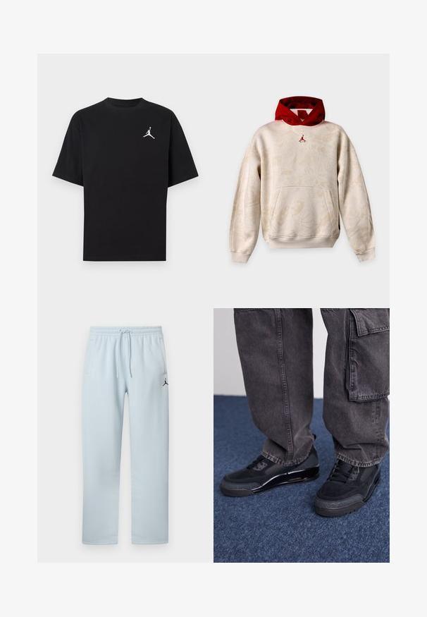 Beige hættetrøje med subtile grafiske mønstre, rød indvendig hætte, kængurulomme og lille rød Jumpman-logo på brystet.; Sort bomuld T-shirt med korte ærmer, med en hvid Jumpman-logo på venstre bryst. Rund halsudskæring, almindelig pasform og glat tekstur.; Lyseblå joggingbukser lavet af blødt stof med elastisk taljebånd med snor, to sidelommer og en sort logo-detalje.; Sorte sportsko med en struktureret overflade, glatte detaljer og en kraftig sål, der er parret med mørke, løstsiddende cargo-bukser.