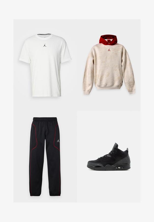 Béžová mikina s kapucňou s jemnými grafickými vzormi, červenou vnútornou kapucňou, klokankovým vreckom a malým červeným logom Jumpman na hrudi.; Biely tričko s krátkymi rukávmi vyrobené z bavlny, so siluetou čierneho Jumpman loga na hrudi a okrúhlym výstrihom s čiernou vnútornou etiketou.; Čierne športové nohavice s červeným pásikom, elastickým pásom a manžetami a malým bielym logom Jumpman na pravom stehne.; Čierny vyvýšený tenisky so šnurovaním vpredu, vzorovanými bočnými panelmi, viditeľnou vzduchovou podrážkou a polstrovaným golierom na členku na bielom pozadí.