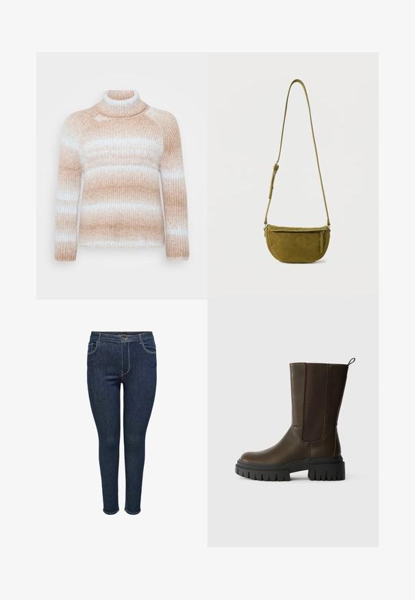 ONLY Carmakoma CARDITTE ROLLNECK - Strickpullover - cloud blue/tobacco brown; Dunkelblaue, enge Jeans aus Denim mit fünf Taschen, ausgestattet mit einem Knopfverschluss undNahtakzenten an den Säumen. Glatte Textur, figurbetontes Design.; Braune Leder-Ankle Boots mit elastischen Seitenpaneelen, robusten schwarzen Gummisohlen und einer Schlaufe für einfaches An- und Ausziehen. Glatte Textur und modernes Design.; Olivgrüne Wildleder-Umhängetasche mit verstellbarem Riemen und Reißverschlusstasche vorne vor einfachem weißem Hintergrund.