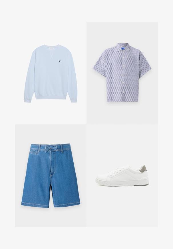 Sweatshirt bleu clair en coton avec un col ras du cou, des poignets côtelés et un logo d'oiseau noir brodé sur la poitrine gauche.; Chemise à manches courtes boutonnée en bleu clair avec un motif géométrique bleu foncé. Elle présente un col et une coupe décontractée. Fabriquée en tissu léger.; Shorts en denim bleu clair avec une taille élastique à cordon de serrage, poches avant et coutures contrastées. Design classique, coupe au genou.; Basket blanche en cuir lisse, à bout arrondi, design minimaliste, accent de talon gris et semelle en caoutchouc texturé.