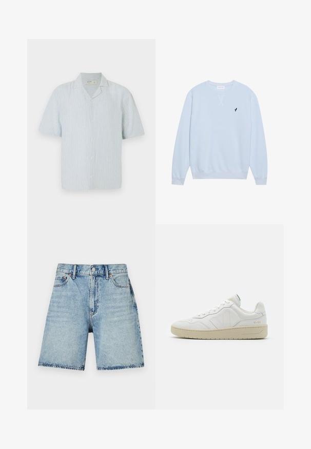 Sudadera azul claro de algodón con cuello redondo, puños acanalados y un logo de pájaro negro bordado en el lado izquierdo del pecho.; Camisa de botones de manga corta en rayas azul claras y blancas. Presenta un cuello clásico y un corte relajado en una tela ligera.; Shorts de mezclilla azul claro con corte recto, cinco bolsillos y costuras visibles. Presenta un cierre de botón en la parte delantera.; Zapatillas blancas de cuero con un acabado texturizado y cuello acolchado. Cuentan con una suela de goma beige y un sutil logotipo en el talón y el lado.