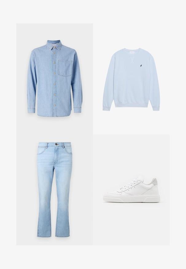 Hellblaues Sweatshirt aus Baumwolle mit Rundhalsausschnitt, gerippten Bündchen und einem gestickten schwarzen Vogel-Logo auf der linken Brust.; Helles blaues Denimhemd mit Button-Down-Kragen, langen Ärmeln und einer einzelnen Brusttasche. Mit braunen Knopf-Details und kontrastierenden Nähten.; Helle blaue Schlagjeans aus Denim mit fünf Taschen, einem Knopf- und Reißverschluss, sowie kontrastierenden Nähten. Sie sind mit einer leicht verwaschenen Optik versehen.; Weiße Leder-Sneaker mit glatter Oberfläche, rundem Zehenbereich, flachen Schnürsenkeln und strukturiertem Schuhsohlen. Graues Wildleder-Detail an der Ferse.