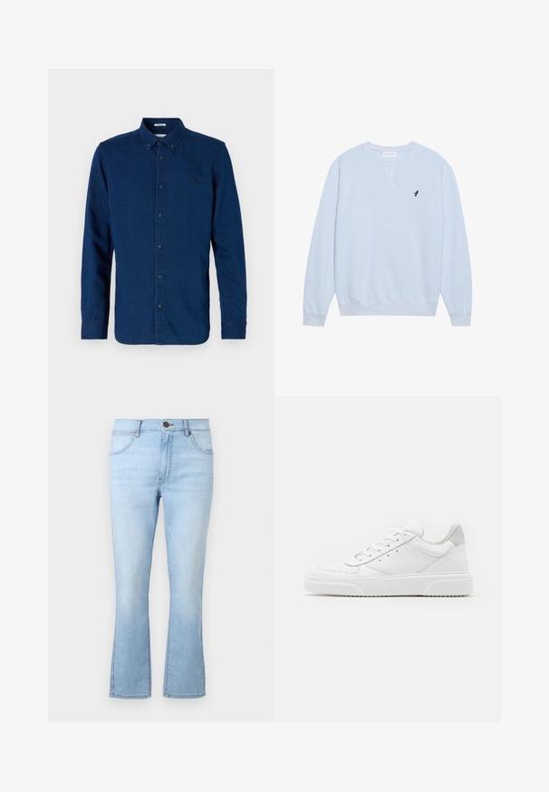 Sweatshirt bleu clair en coton avec un col ras du cou, des poignets côtelés et un logo d'oiseau noir brodé sur la poitrine gauche.; Chemise bleu foncé à manches longues avec boutons, col à boutonnière et logo brodé discret sur la poitrine gauche.; Jean évasé bleu clair en denim avec cinq poches, fermeture à bouton et à zip, et coutures contrastées. Présente un délavage légèrement usé.; Des baskets en cuir blanc avec une finition lisse, un bout rond, des lacets plats et une semelle texturée. Accents en daim gris au niveau du talon.