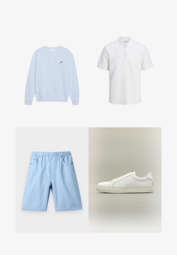 Sweatshirt bleu clair en coton avec un col ras du cou, des poignets côtelés et un logo d'oiseau noir brodé sur la poitrine gauche.; Polo shirt blanc en coton texturé, avec fermeture éclair, manches courtes et col. Marquage subtil sur le côté gauche à l'avant.; Shorts bleu clair avec une taille élastique, deux poches avant et une texture lisse. Fabriqués à partir d'un tissu doux, adaptés à un usage décontracté.; Baskets blanches basses à lacets sur l’avant et semelle épaisse, vues de côté sur un fond neutre.