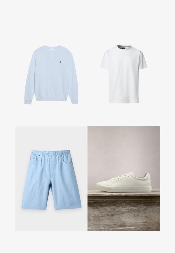 Sweatshirt bleu clair en coton avec un col ras du cou, des poignets côtelés et un logo d'oiseau noir brodé sur la poitrine gauche.; T-shirt blanc uni à manches courtes et col rond, présenté sur un fond blanc, vue de face avec l'étiquette de la marque visible à l'intérieur du col.; Shorts bleu clair avec une taille élastique, deux poches avant et une texture lisse. Fabriqués à partir d'un tissu doux, adaptés à un usage décontracté.; Sneaker en dentelle blanche flottant au-dessus d'un banc en bois avec un feuillage vert en arrière-plan, mettant en valeur le design et la texture de la chaussure.
