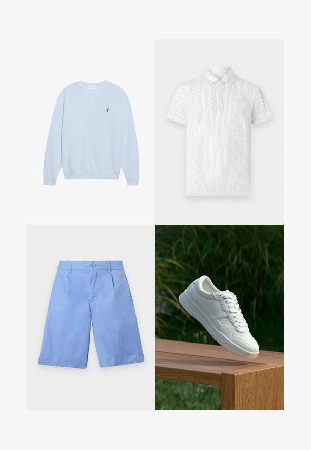 Sweatshirt bleu clair en coton avec un col ras du cou, des poignets côtelés et un logo d'oiseau noir brodé sur la poitrine gauche.; Polo shirt blanc à manches courtes arborant un petit motif géométrique, trois boutons sur le col et une coupe classique. Fabriqué en tissu respirant.; Shorts bleu clair en coton, avec une fermeture à boutons, deux poches avant, une coupe décontractée, et des plis sur le devant.; Baskets en cuir blanc avec une texture lisse, présentant un design perforé, un laçage classique et une semelle en caoutchouc, positionnées au-dessus d'une surface en bois.