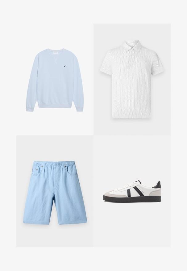 Lys blå sweatshirt lavet af bomuld med rund halsudskæring, ribbede manchetter og et broderet sort fuglelogo på venstre bryst.; Hvid kortærmet polo-shirt med et lille geometrisk mønster, tre knapper på kraven og en klassisk pasform. Fremstillet af åndbart stof.; Lyseblå shorts med elastisk talje, to frontlommer og en glat tekstur. Fremstillet af et blødt stof, velegnet til afslappet brug.; Hvide sneakers med sorte og grå detaljer, med en tekstureret grå tåhætte, sort gummisål og flade hvide snørebånd. Rent design, minimalistisk stil.