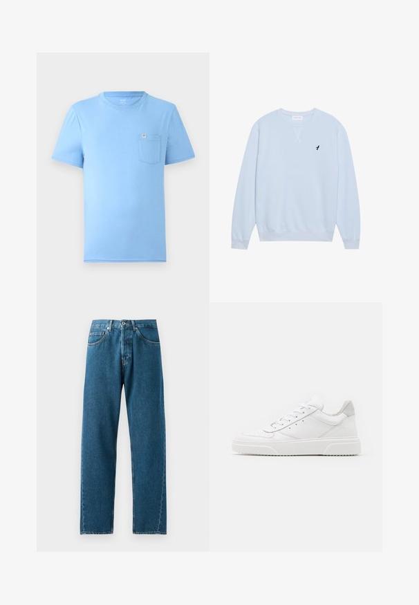 Lys blå sweatshirt lavet af bomuld med rund halsudskæring, ribbede manchetter og et broderet sort fuglelogo på venstre bryst.; Lyseblå kortærmet T-shirt lavet af blød bomuld. Har rund halsudskæring og en brystlomme med et mærketag. Glat tekstur.; Blå denim jeans med lige ben, fem lommer og bæltestropper. Stoffet har en subtil tekstur og falmede områder ved lommerne.; Hvide lædersneakers med en glat finish, rund tå, flade snørebånd og en struktureret sål. Grå ruskindsdetalje ved hælen.