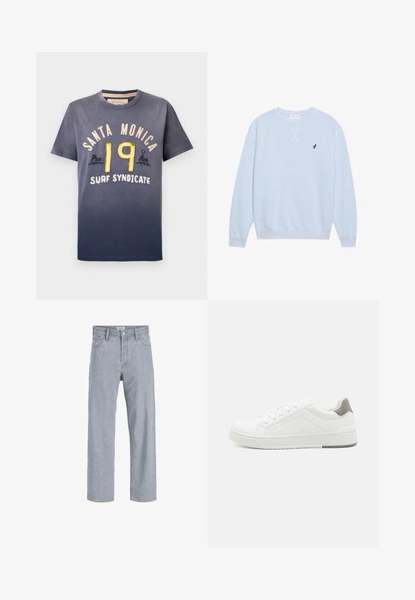 Lys blå sweatshirt lavet af bomuld med rund halsudskæring, ribbede manchetter og et broderet sort fuglelogo på venstre bryst.; Marineblå bomulds T-shirt med gradienteffekt, med "SANTA MONICA" og "19" i gul og creme broderi, rund hals, korte ærmer.; Lysblå denimjeans med en afslappet pasform, lige benudforming, synlige syninger, to forlommer og knaplukning.; Hvid sneaker lavet af glat læder, rund tå, minimalistisk design, grå hælafsats og tekstureret gummisål.