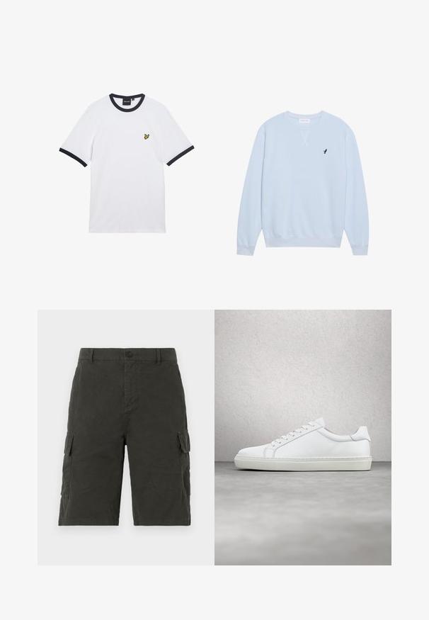 Sudadera azul claro de algodón con cuello redondo, puños acanalados y un logo de pájaro negro bordado en el lado izquierdo del pecho.; Camiseta blanca de algodón con cuello y bordes de las mangas en canalé azul marino. Cuenta con un pequeño logo bordado amarillo en el pecho.; Pantalones cortos de carga verde oscuro, hechos de un tejido ligero, con dos bolsillos laterales y un cierre de botón en la cintura.; Zapatilla blanca con parte superior de cuero liso y perfil bajo. Presenta una puntera redondeada, seis ojales y una suela de goma texturizada.