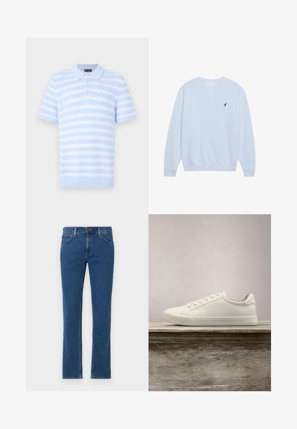 Sweatshirt bleu clair en coton avec un col ras du cou, des poignets côtelés et un logo d'oiseau noir brodé sur la poitrine gauche.; Polo shirt bleu clair à manches courtes, avec des rayures horizontales et un motif texturé. Patte de boutonnage et détail de col côtelé.; Jean en denim bleu coupe droite avec fermeture à bouton et zip à l’avant, passants de ceinture et design à cinq poches sur fond blanc.; Sneaker en dentelle blanche flottant au-dessus d'un banc en bois avec un feuillage vert en arrière-plan, mettant en valeur le design et la texture de la chaussure.