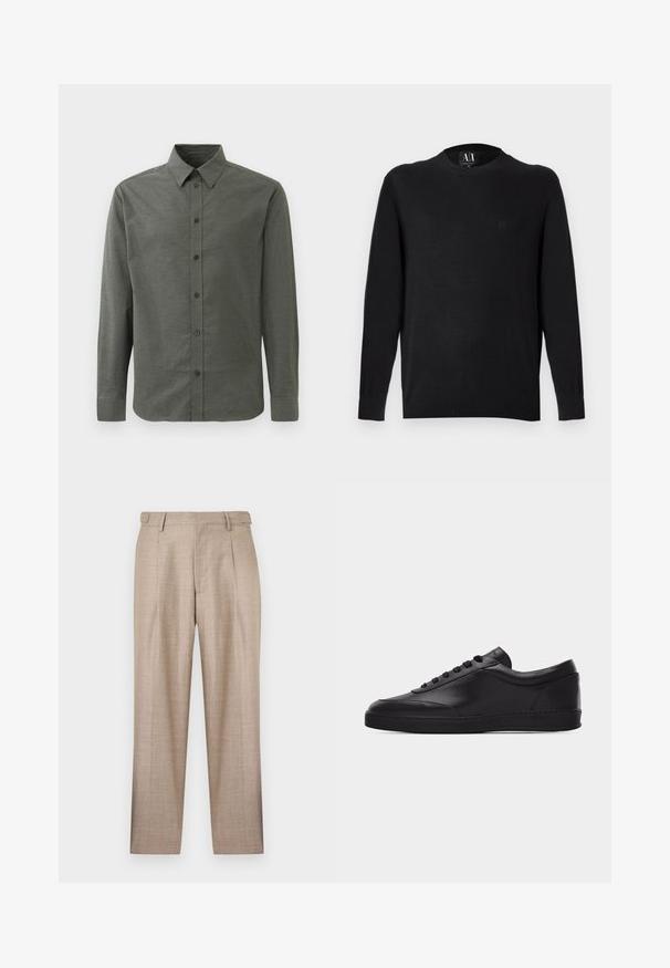 Sort strikket sweater med lange ærmer, rund halsudskæring og ribbede manchetter. Har en broderet logo på brystet. Glat tekstur.; Langærmet skjorte med knapper i mørkegrøn, lavet af struktureret stof. Har en klassisk krave og fem forreste knapper.; Beige skræddersyede bukser med forreste folder, bæltestropper og et lige ben, vist mod en hvid baggrund.; Sort lavtstående lædersneaker med snørebånd foran og flad gummisål, vist fra siden på en ensartet hvid baggrund.