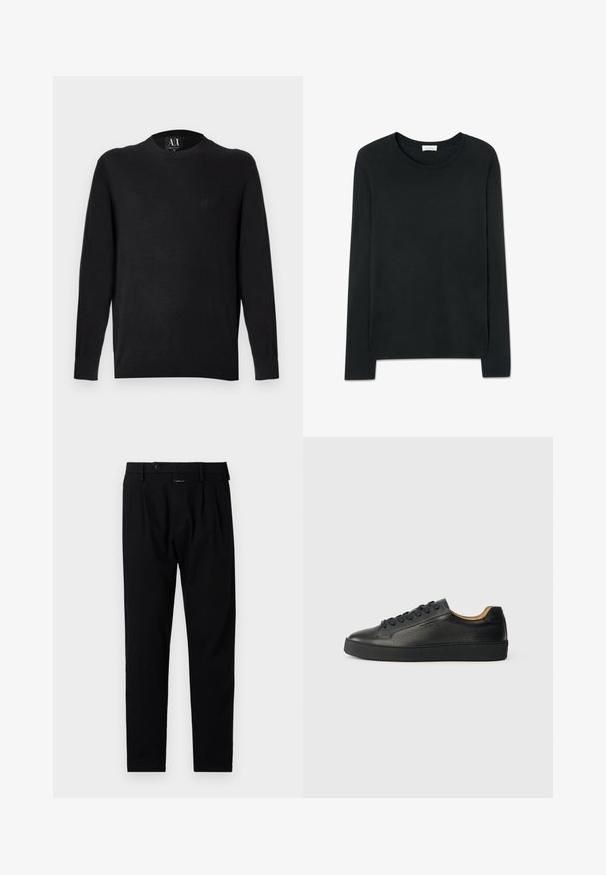 Sort strikket sweater med lange ærmer, rund halsudskæring og ribbede manchetter. Har en broderet logo på brystet. Glat tekstur.; Sort langærmet skjorte lavet af blødt bomuldsstof. Har en rund hals og lige pasform uden mønstre eller udsmykninger.; Sorte bukser med en skrædderfitting, der har glat front, enkelte plisseringer og en knaplukning. Lavet af glat stof, velegnet til formelt tøj.; Sorte lavtop lædersneakers med tekstureret overflade, sorte snørebånd og tyk gummisål, vist fra siden på en lys baggrund.