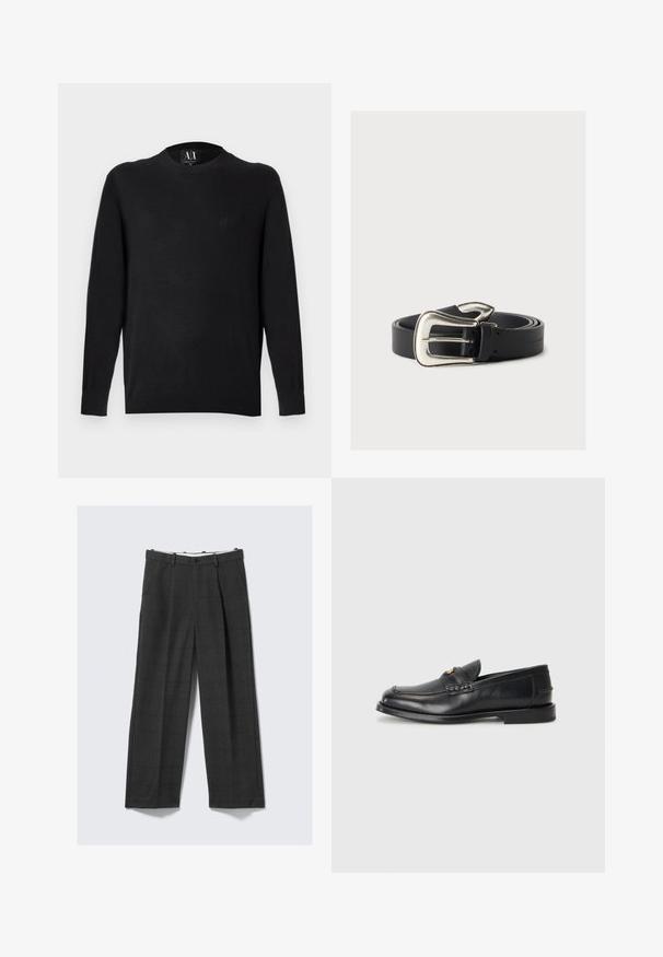 Sort strikket sweater med lange ærmer, rund halsudskæring og ribbede manchetter. Har en broderet logo på brystet. Glat tekstur.; Løse, mørkegrå bukser med ternet mønster, lavet af struktureret stof. Har en knaplukning og to sidelommer.; Sorte læder loafers har en afrundet tå, syede detaljer og en lille gylden accent foran. Sålen er flad og diskret.; Sort læderbælte med en stor sølv western-stil spænde, sammenrullet på en neutral baggrund.