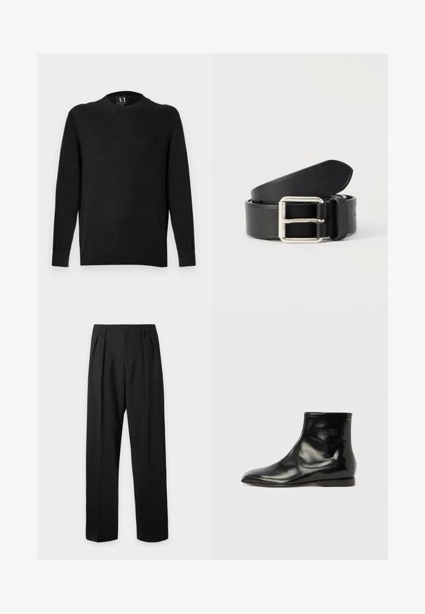 Pull en maille noire à manches longues, col rond et poignets côtelés. Dispose d'un logo brodé sur la poitrine. Texture lisse.; Pantalon formel noir avec plis, passants de ceinture et fermeture par bouton à la taille, présenté sur un fond clair uni.; Bottine noire à la cheville avec une finition en cuir lisse et brillante. Bout pointu, talon bas empilé, design minimaliste et détail de logo embossé sur le côté.; Ceinture en cuir noir à texture lisse, boucle en métal argenté, et design épuré et simple. Comprend des trous pour un ajustement réglable.