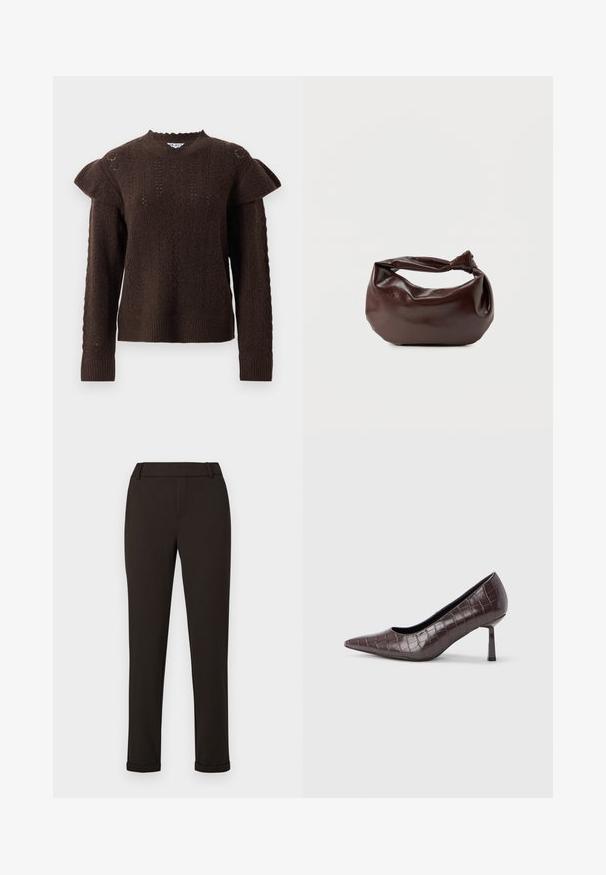 Pull en tricot marron foncé avec des motifs de cable texturés et des détails de volants aux épaules, doté de manches longues et de poignets et d'un ourlet côtelés.; Pantalon slim noir avec passants de ceinture et poignets sur fond blanc uni.; Escarpins à bout pointu en similicuir marron avec une texture crocodile, dotés d’un talon fin et angulaire ainsi que d’une doublure intérieure lisse.; Sac bandoulière en cuir marron foncé avec une forme souple et décontractée et une anse nouée torsadée sur un fond blanc uni.
