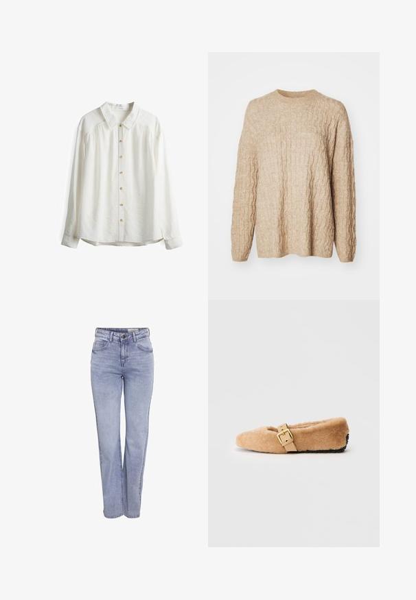 Beige Strickpullover mit strukturiertem Zopfmuster, rundem Ausschnitt und langen Ärmeln. Der Stoff wirkt weich und voluminös.; Weißes Langarmhemd aus glattem Stoff, mit spitzem Kragen, Knopfleiste und gerafften Details an den Schultern.; Helle blaue Gerade geschnittene Jeans aus Denim, mit Knopfverschluss, fünf Taschen und dezentem Verblassen an Vorder- und Rückseite.; Beige Hausschuh mit spitzer Zehe und einem hellbraunen Riemen mit einer goldenen Schnalle. Strukturierte Oberseite und schwarze Gummisohle.