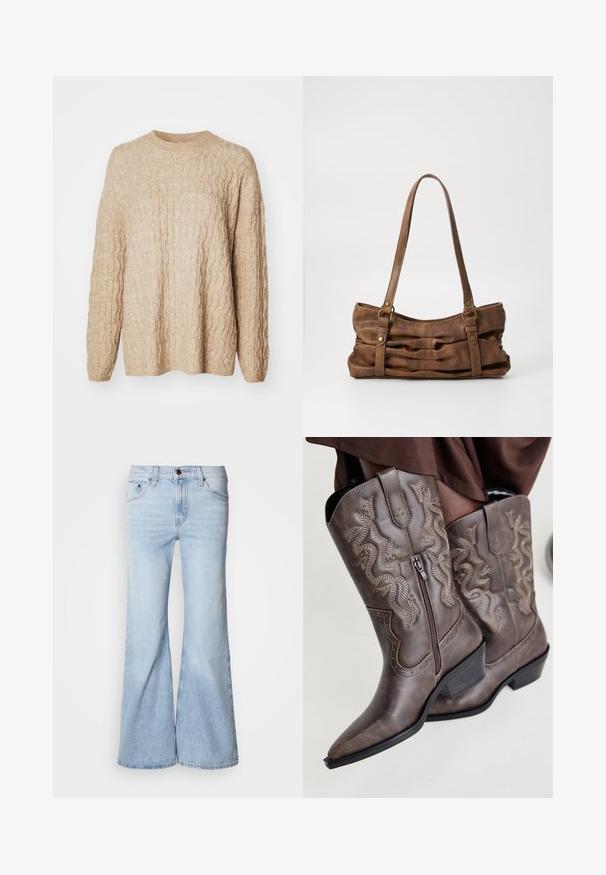 Beige strikket sweater med et tekstureret kabeldesign, rund halsudskæring og lange ærmer. Stoffet ser blødt og chunky ud.; Lyseblå vidde jeans med højtaljet design, lavet af denimstof, fem lommer og knaplukning. Benene er vide og har en let falmet finish.; Brune læder cowboystøvler med spids tå, sidelukning og struktureret slange-design i beige, med dekorative nitter langs kanterne.; Even&Odd by Zalando Håndtasker - brown