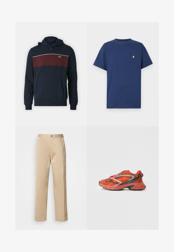 Námornícka modrá mikina s marhuľovou vodorovnou pruhou, bielym lemovaním a prednou kapsou. Má kapucňu so šnúrkami a logo Lacoste.; Námornícky modré bavlnené tričko s krátkymi rukávmi, klasickým výstrihom a malým žltým logom na ľavej hrudi. Hladký povrch, voľný strih.; Béžové nohavice vyrobené z ľahkého materiálu, s rovnou nohavicou, pásom s pútkami na opasok a jedným predným zapínaním na gombík.; Červená a hnedá športová obuv s mriežkovou textíliou, čiernymi akcentmi a gumovou podrážkou. Disponuje zaoblenou špičkou a kontrastnými šnúrkami.