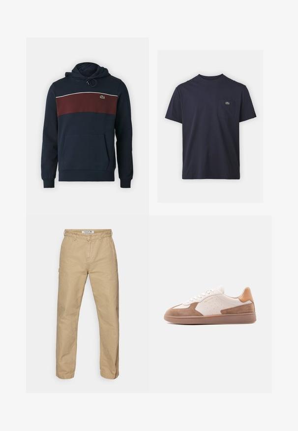 Námornícka modrá mikina s marhuľovou vodorovnou pruhou, bielym lemovaním a prednou kapsou. Má kapucňu so šnúrkami a logo Lacoste.; Námornícky modré bavlnené tričko s okrúhlym výstrihom a krátkymi rukávmi. Obsahuje malé zelené logo na ľavej strane vrecka na prsiach. Mäkká textúra.; Béžové, ľahké bavlnené nohavice s rovnými nohavicami, s gombíkovým zapínaním a jemnou textúrou. Logo Lacoste na páse.; Biela a béžová nízka teniska s semišovými prvkami, perforovanými stranami, bielymi šnúrkami a texturovanou gumovou podrážkou, zobrazená z boku na bielom pozadí.