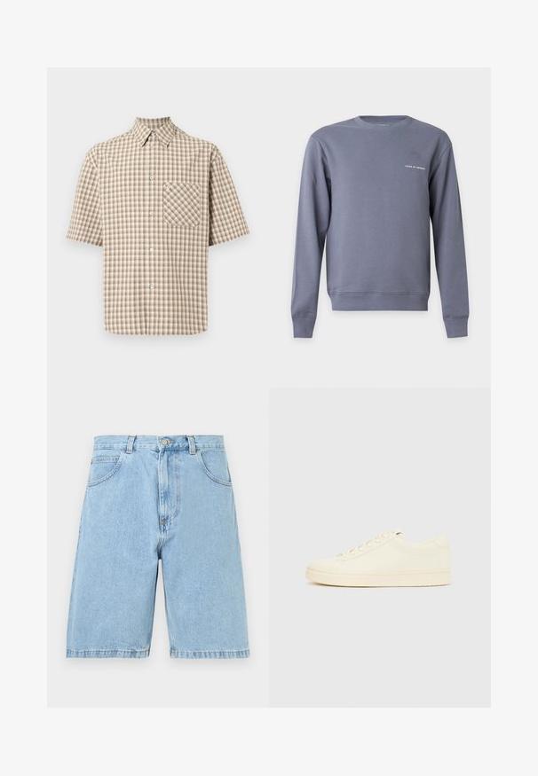 Sudadera gris de manga larga con cuello redondo y pequeño texto blanco "Tiger of Sweden" en el pecho izquierdo.; Camisa de cuadros de manga corta en beige y marrón con cuello puntiagudo y un bolsillo en el pecho con un solo botón.; Pantalones cortos de mezclilla azul claro con bolsillos delanteros, trabillas para cinturón y cierre de botón y cremallera, mostrados sobre un fondo blanco.; Zapatilla de color crema con parte superior de cuero liso, puntera redondeada, cierre de cordones y suela de goma texturizada. Diseño minimalista, sin logotipos.