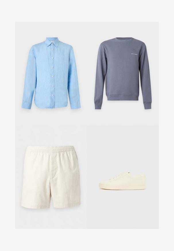 Gray long-sleeve crew neck sweatshirt with small white "Tiger of Sweden" text on the left chest.; Light blue long-sleeve linen shirt with button-down front and classic collar, displayed on plain white background.; Off-white casual shorts with elastic waistband, straight-cut legs, and a smooth fabric texture.; Cream-colored sneaker with a smooth leather upper, rounded toe, lace-up front, and a textured rubber sole. Minimalist design, no logos.