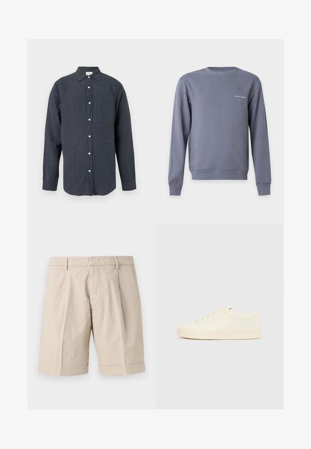 Sweat-shirt gris à manches longues et col rond avec petit texte blanc "Tiger of Sweden" sur le côté gauche de la poitrine.; Chemise gris foncé à manches longues, boutonnée, avec un col et une seule poche poitrine, présentée sur un fond clair uni.; Shorts beige jusqu'au genou avec passants de ceinture, poches latérales, plis sur le devant et ourlet retroussé.; Baskets couleur crème avec une tige en cuir lisse, bout arrondi, laçage à l'avant et semelle en caoutchouc texturée. Design minimaliste, sans logo.