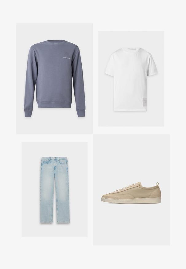 Sweat-shirt gris à manches longues et col rond avec petit texte blanc "Tiger of Sweden" sur le côté gauche de la poitrine.; T-shirt blanc uni à manches courtes avec un col rond et une petite étiquette rectangulaire portant le texte de la marque près de l'ourlet inférieur du côté droit.; Jeans en denim bleu clair avec un design à jambes droites, un style cinq poches et une finition délavée. La quincaillerie en métal et les détails de couture sont visibles.; Baskets beige basses avec tige en tissu et daim, lacets blancs, semelle en caoutchouc et languette à l'arrière, présentées en profil latéral sur fond blanc.