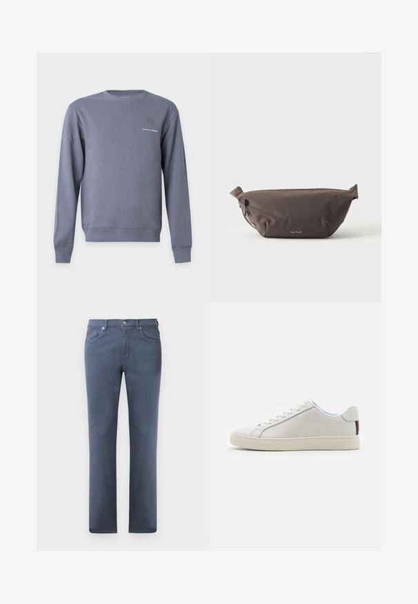 Grijze trui met lange mouwen en ronde hals, met kleine witte "Tiger of Sweden" tekst op de linkerborst.; Grijze denim jeans met een rechte snit, vijf zakken en een metalen knoopsluiting. Bevat subtiele stiksels en een klein logo-detail.; Witte leren sneaker met een gladde textuur, ronde neus, platte zool en tonale veters. Kenmerkt zich door een kleurrijke gestreepte accent op de hiel.; Donkerbruine stoffen heuptas met diagonale ritssluiting en klein wit logo aan de voorkant, tegen een effen lichte achtergrond.