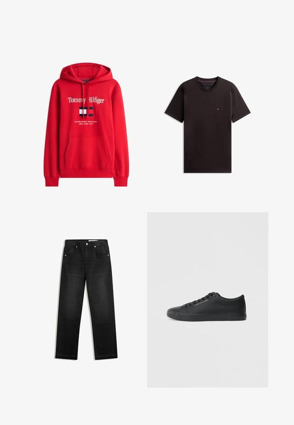 Roter Hoodie mit Fronttasche, Kordelzugkapuze, Text "Tommy Hilfiger", Markenlogo und "Established MCMLXXXV New York City" unten gedruckt.; Schwarzes T-Shirt mit kurzen Ärmeln und Rundhalsausschnitt, mit kleinem rot-weiß-blauem Logo auf der linken Brust.; Schwarze Denim-Jeans mit geradem Bein, fünf Tasche-Design, kontrastierenden Beschlägen und rohem Saumdetail am unteren Ende.; Tommy Hilfiger LOGO TRAINERS WITH LEATHER - Sneaker low - triple black