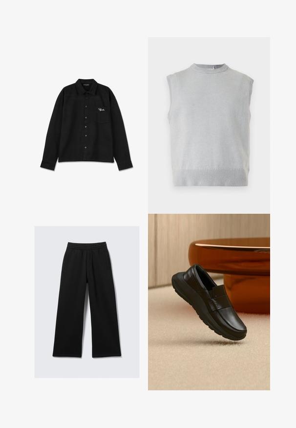 Lysegrå strikket ærmeløs sweatervest med ribbet rund halsudskæring og kant, vist på en ensfarvet baggrund.; Sort langærmet skjorte lavet af stof, med krave, knap-lukning foran, enkelt brystlomme og broderet logo i hvid på lommen.; Sorte bukser med brede ben, elastik i taljen, to sidelommer og en glat tekstur. Designet for komfort og bevægelsesfrihed.; Sort læderloafer med tyk sål, vist over beige tæppe og nær en rund bordfod i ravfarve.