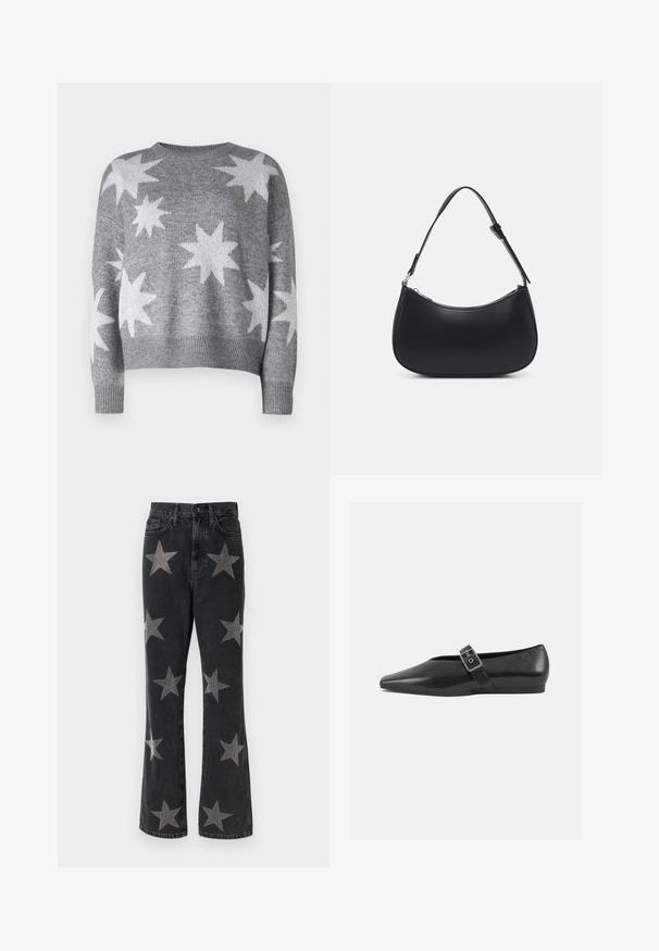 Pull en tricot gris avec des motifs d'étoiles blanches, encolure ronde et finitions côtelées aux poignets et à l'ourlet. Design court avec une texture douce.; Jean flare en denim noir avec des embellissements en forme d'étoile argentée de tailles variées. Design taille haute avec poches et fermeture à bouton.; Chaussure plate en cuir noir avec un orteil pointu, présentant une sangle à boucle métallique sur le cou-de-pied et une semelle basse et flexible.; Pieces PCALUANA SHOULDER BAG - Sac à main - black
