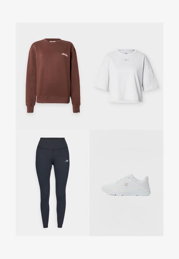 Sudadera marrón con cuello redondo, mangas largas, puños y dobladillo acanalados, pequeño logo de ellesse en rosa pálido en el pecho y etiqueta de logo azul marino en la manga.; Camiseta corta de color gris claro con mangas cortas anchas y los logotipos de "HYROX" y Puma centrados debajo del cuello redondo.; Leggings negros de talle alto hechos de material elástico, con un diseño elegante y un pequeño logo reflectante en el muslo.; Zapatillas deportivas blancas con parte superior de malla texturizada, cuello acolchado y logo en contraste en el costado. Cuenta con una suela de goma ligera.