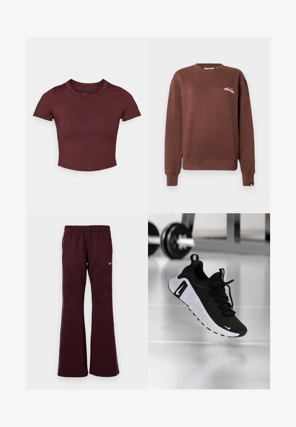 Brun crewneck-sweatshirt med lange ærmer, ribbede manchetter og kant, lille lyserødt ellesse-logo på brystet og navy logo-label på ærmet.; Bordeaux beskåret t-shirt lavet af glat strækstof. Har korte ærmer og rund hals, med et subtilt logo på brystet.; Bordeauxfarvede træningsbukser med flagrende design, elastisk talje og sidelommer. Har hvide kantbånd og et lille logo på forsiden.; Sort atletiksko med en tekstureret stofoverdel, hvid sål og fremtrædende snøresystem. Indeholder en Nike-logo og et blødt, polstret design.
