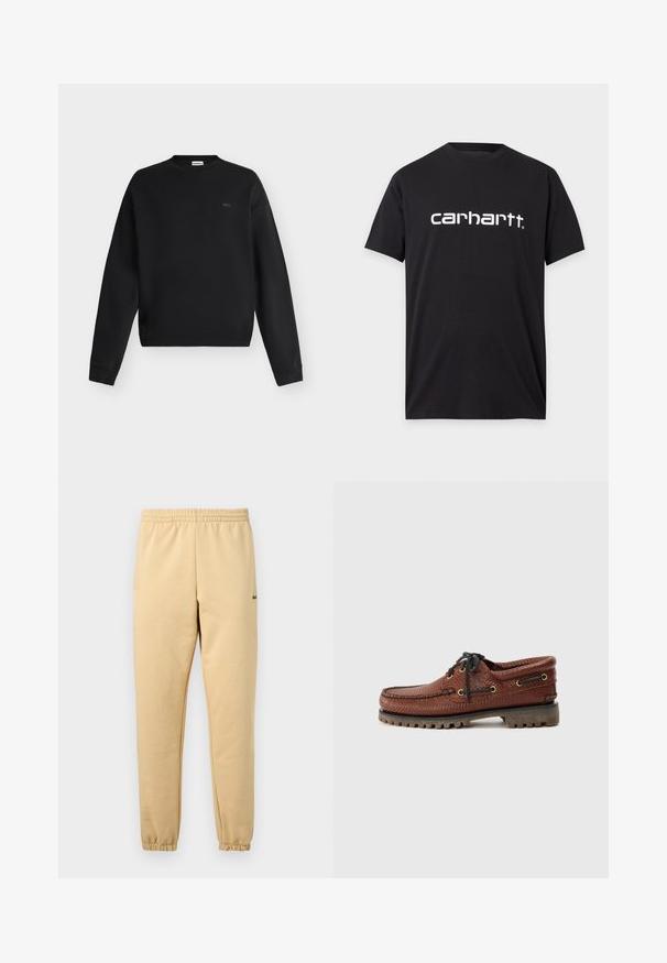 Sort langærmet crew neck sweatshirt med ribkanter ved ærmer og bund, med et diskret lille logo på venstre bryst.; Sort T-shirt med korte ærmer med hvidt "carhartt" logo centreret foran, vist mod en ensartet lysegrå baggrund.; Beige joggebukser med elastisk talje og manchetter, der har en lille grøn krokodillebroderet logo på højre lår.; Brune læder bådsko med struktureret overdel, sorte snørebånd og gyldne øjer. Har en holdbar, rillede gummisål.