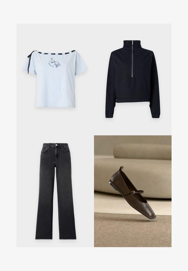Donkerblauwe cropped jas van denim. Heeft een hoge kraag, een rits van een kwart lengte en elastische manchetten met verstelbare trekkoorden.; Lichtblauwe t-shirt met korte mouwen en off-shoulder ontwerp, zwarte satijnen lintaccenten en geborduurd "Summer 98" grafiek. Zacht katoenmateriaal.; Zwarte wijd uitlopende jeans van denim, met een hoge taille, riemlussen en een klassieke vijf-pocketontwerp met koperen accenten.; Donkerbruine leren Mary Jane platte schoen met een klein gespje, rechtop geplaatst op een beige tapijt voor een lichtgekleurde bank.