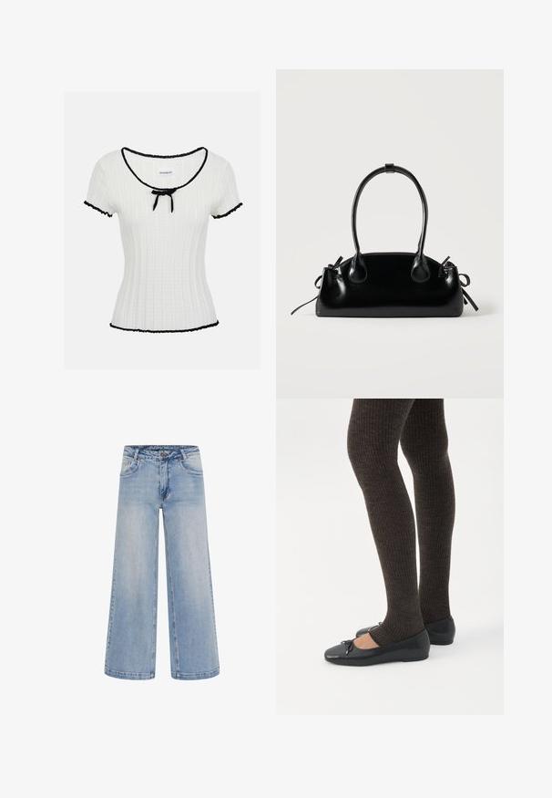 Hvid kortærmet ribbet top med sort kant ved krave, ærmer og kant, med en lille sort sløjfe ved halsudskæringen.; Lyseblå brede jeans med høj talje, fem lommer og kontrastsyninger. Fremstillet af denim med en glat tekstur.; Ben iført mørke ribbede leggings kombineret med sorte balletsko med små sløjfedetaljer på hvid baggrund.; Lille sort blank håndtaske med to lange håndtag og snøre-detaljer i siden på en ensfarvet lys baggrund.