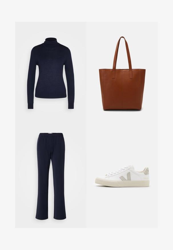 Marks & Spencer ROLL NECK - Pullover - navy; Pantalon bleu marine à jambes droites en tissu extensible avec une taille élastique et deux poches avant. Texture lisse, sans motifs visibles.; Baskets blanches en cuir avec des accents gris en forme de V, semelle en caoutchouc texturé, lacets blancs, et languette et col rembourrés.; Sac en cuir marron avec une texture lisse, des détails de couture verticale et deux poignées plates. Design à ouverture supérieure, intérieur spacieux.