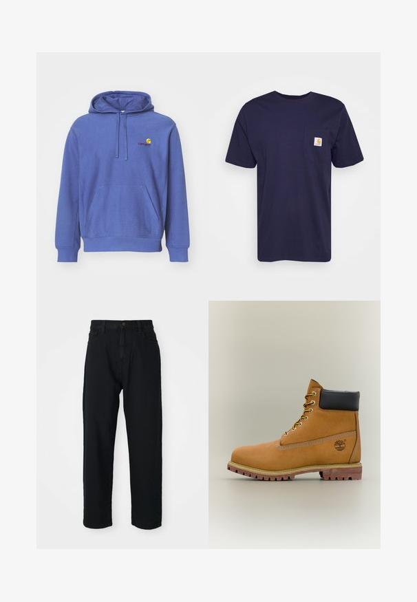 Sudadera de algodón azul con un bolsillo frontal, capucha ajustable con cordón y un pequeño logo bordado en el pecho. Textura suave y corte casual.; Camiseta de algodón azul marino con mangas cortas, cuello redondo y bolsillo en el pecho izquierdo que presenta un logo de Carhartt bordado en amarillo y blanco.; Pantalones de mezclilla negros con un corte recto. Presenta un diseño clásico de cinco bolsillos, cierre de botones y una sutil textura en la tela.; Bota de tobillo de cuero marrón con cuello negro, cordones amarillos y suela beige. Presenta un logotipo y detalles de costura blanca. Suela exterior con tracción robusta.