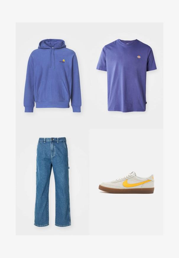 Sudadera de algodón azul con un bolsillo frontal, capucha ajustable con cordón y un pequeño logo bordado en el pecho. Textura suave y corte casual.; Camiseta de algodón morada con cuello redondo y mangas cortas. Presenta un pequeño logo en el pecho. Textura suave, ajuste casual.; Pantalones cargo de mezclilla azul con un corte relajado, que cuentan con bolsillos laterales, cremallera en la bragueta y costuras de contraste en las costuras.; Zapatilla Nike en ante gris claro con un swoosh amarillo, cordones blancos y una suela de goma marrón. Presenta un acabado texturizado y un cuello acolchado.