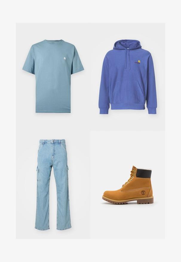 Sudadera de algodón azul con un bolsillo frontal, capucha ajustable con cordón y un pequeño logo bordado en el pecho. Textura suave y corte casual.; Camiseta azul claro de manga corta con cuello redondo y un pequeño logo blanco en el pecho izquierdo, mostrada sobre un fondo liso.; Pantalones cargo de denim azul claro con piernas anchas, que presentan dos bolsillos laterales y un cierre clásico de botones. Tejido texturizado con un acabado desteñido.; Botín de cuero marrón con ojales de metal, forro de piel sintética blanca, cuello acolchado negro, suela resistente y logotipo en relieve en el costado.