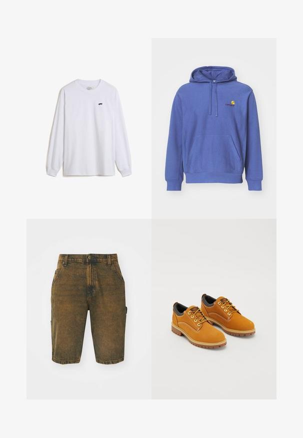 Sudadera de algodón azul con un bolsillo frontal, capucha ajustable con cordón y un pequeño logo bordado en el pecho. Textura suave y corte casual.; Camiseta de manga larga blanca hecha de algodón, con un pequeño gráfico de patineta negra en el lado izquierdo del pecho y puños acanalados.; Pantalones cortos de mezclilla en un color marrón desgastado con una textura ligeramente desgastada. Cuenta con trabillas para el cinturón, bolsillos frontales y un bolsillo tipo cargo en el lateral.; Zapatos de ante marrón con punta redonda, cordones amarillos, un collar acolchado negro y suelas de goma con surcos de tracción.